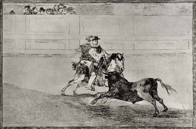 Francisco Goya. A series of "Tauromachia", sheet 13: a Spanish knight strikes the bull with a dart without the help of servants