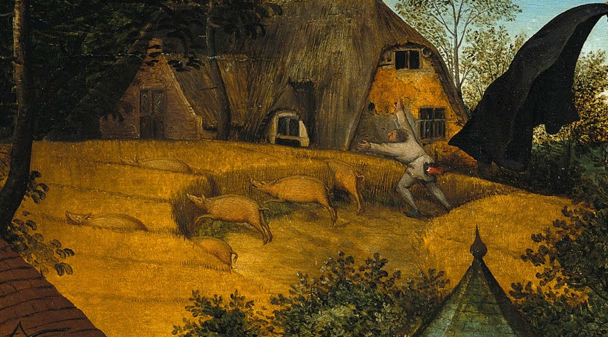 Pieter Bruegel The Elder. Flemish proverbs. Fragment: If the gates are open, the pigs run into the barn - carelessness turns into disaster. The grain is smaller - the pig is thicker - the profit of one turns into losses of the other. Run like your ass is on fire - be in big troubl