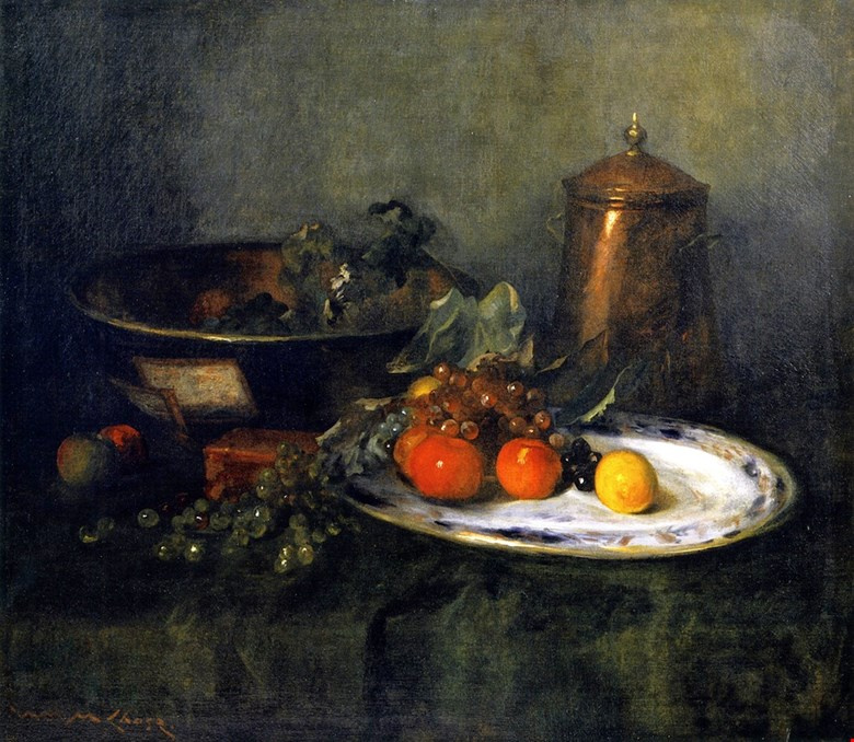 William Merritt Chase. Still life with fruit and copper utensils