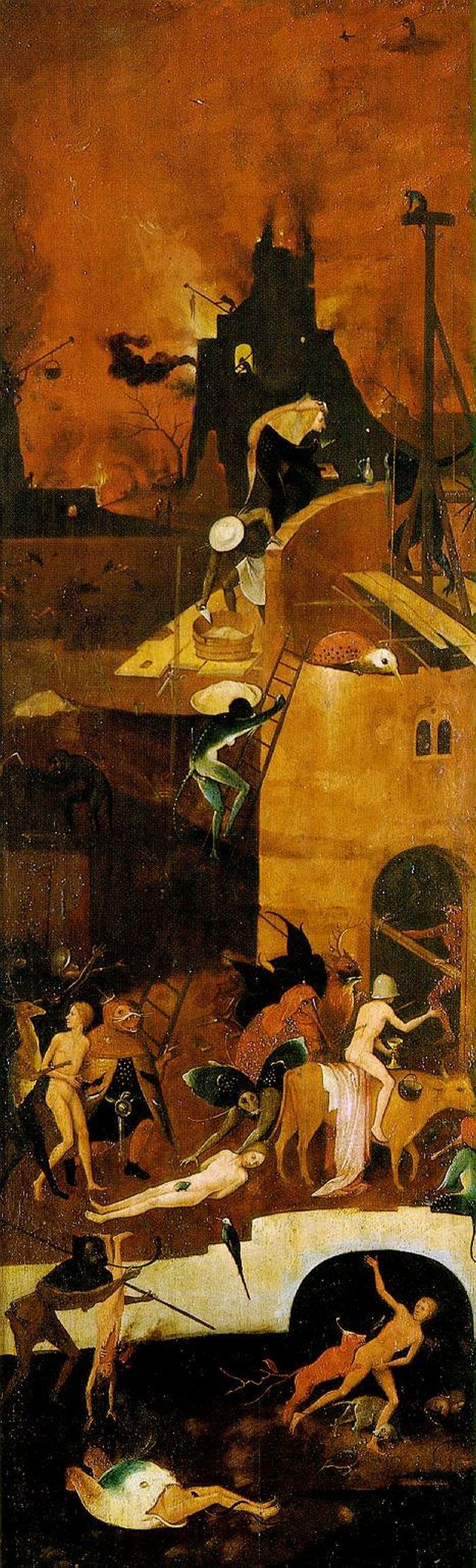 Hieronymus Bosch. The hay-cart. Right wing of a triptych. Hell