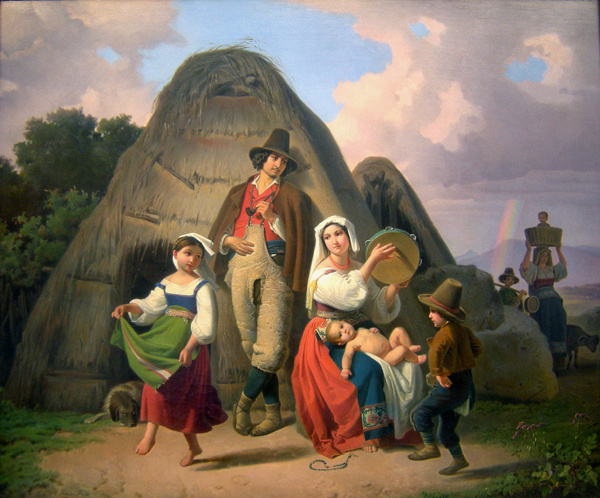 Theodor Leopold Weller. Southern shepherd family in front of a straw hut with dancing children (Neapolitan family idyll)