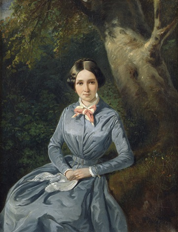 Theodor Leopold Weller. Portrait of a young woman in a blue dress, sitting in front of a tree