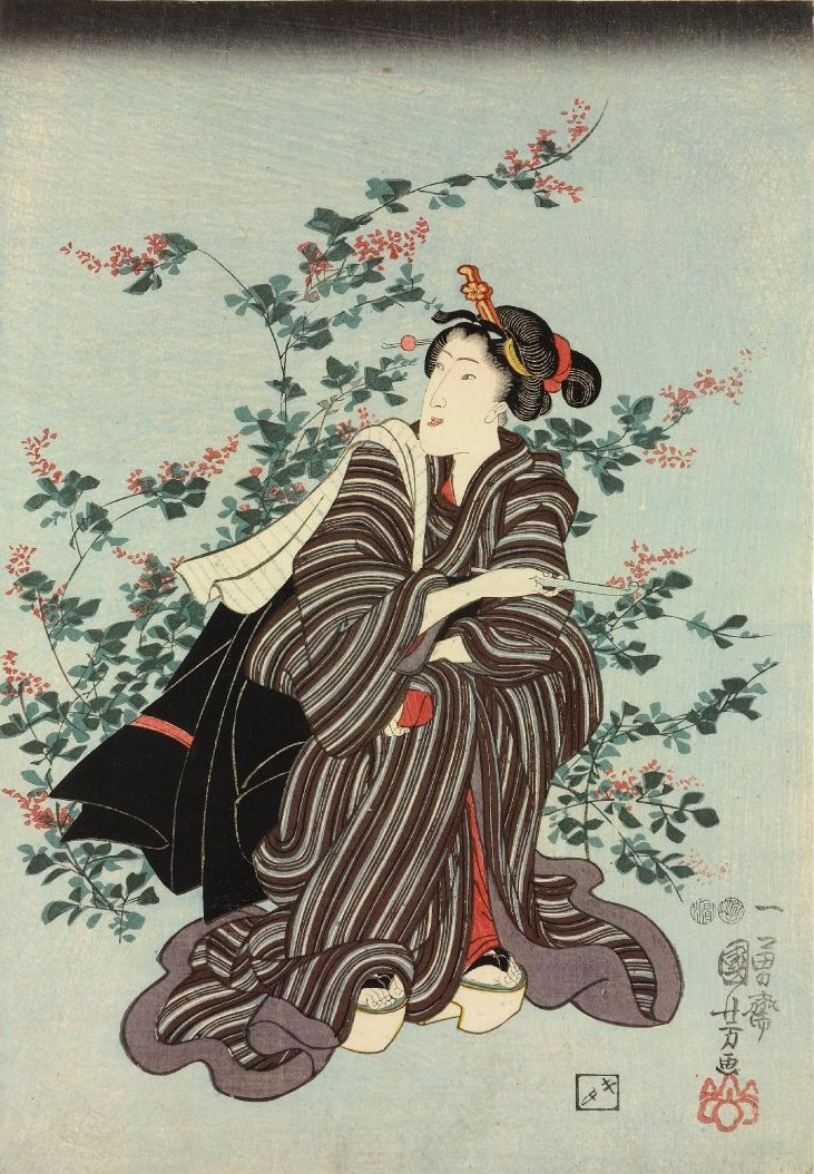 Utagawa Kuniyoshi. Triptych: three wealthy women among the flowers autumn in the evening. The middle part