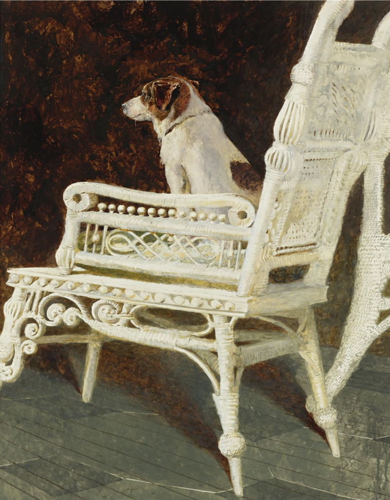 собака в кресле картина