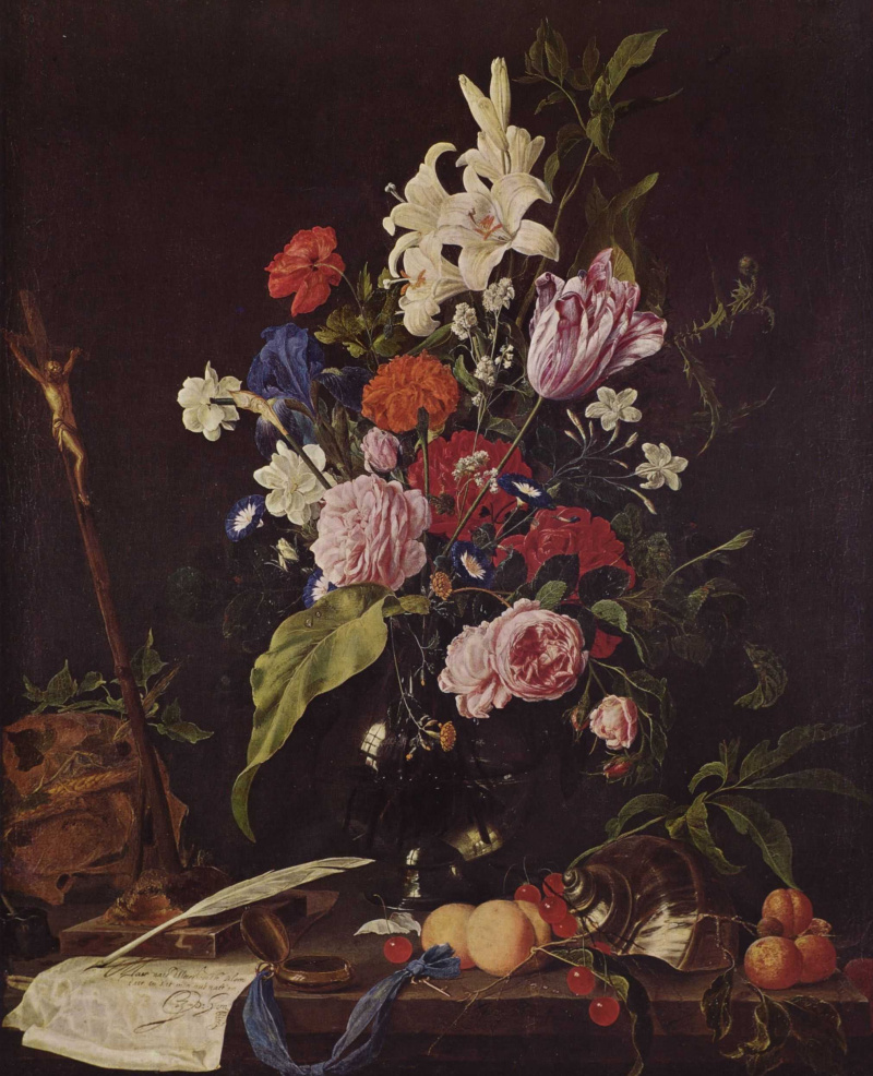 Flowers in glass vase, crucifix and skull, 103×85 cm by Jan Davids