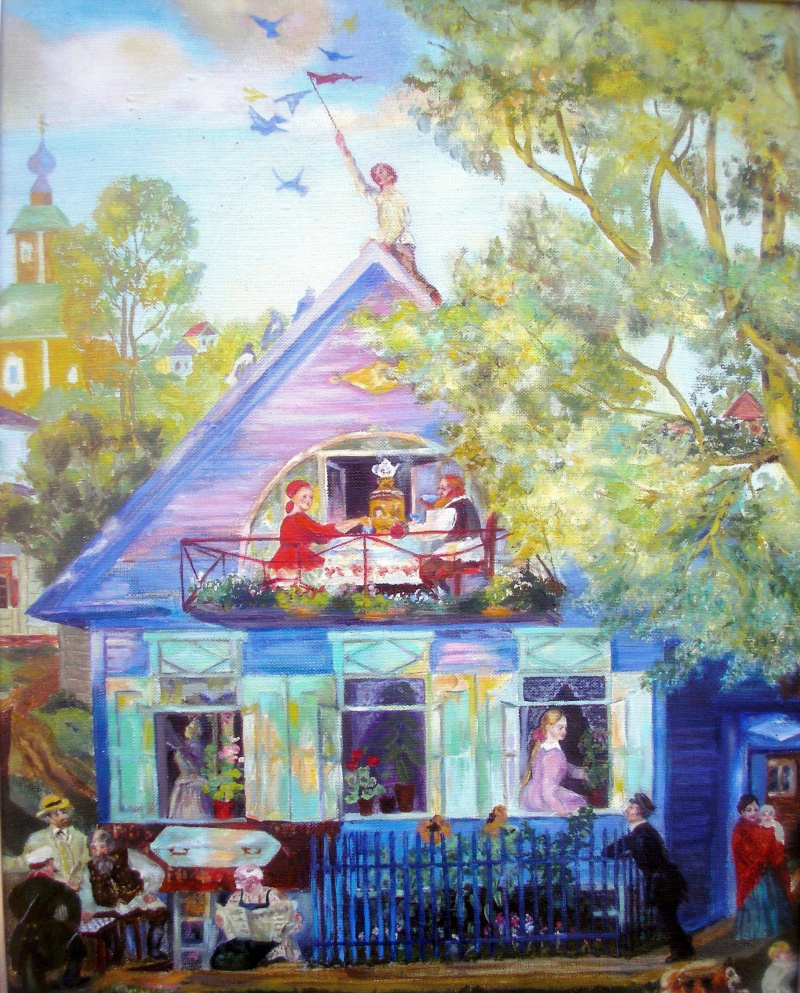 Описание картины голубой домик кустодиева