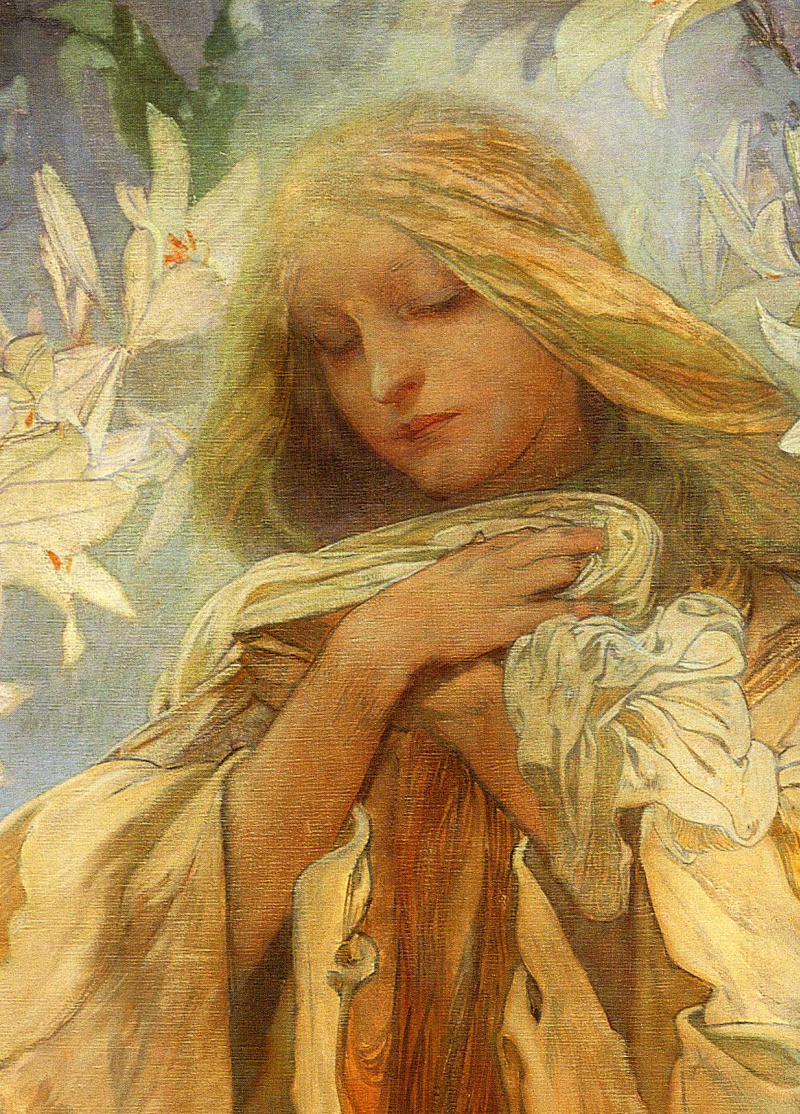 Madonna of the lilies (detail), 1905, 56×75 cm by Alfonse Mucha History, Analysis & Facts Arthive