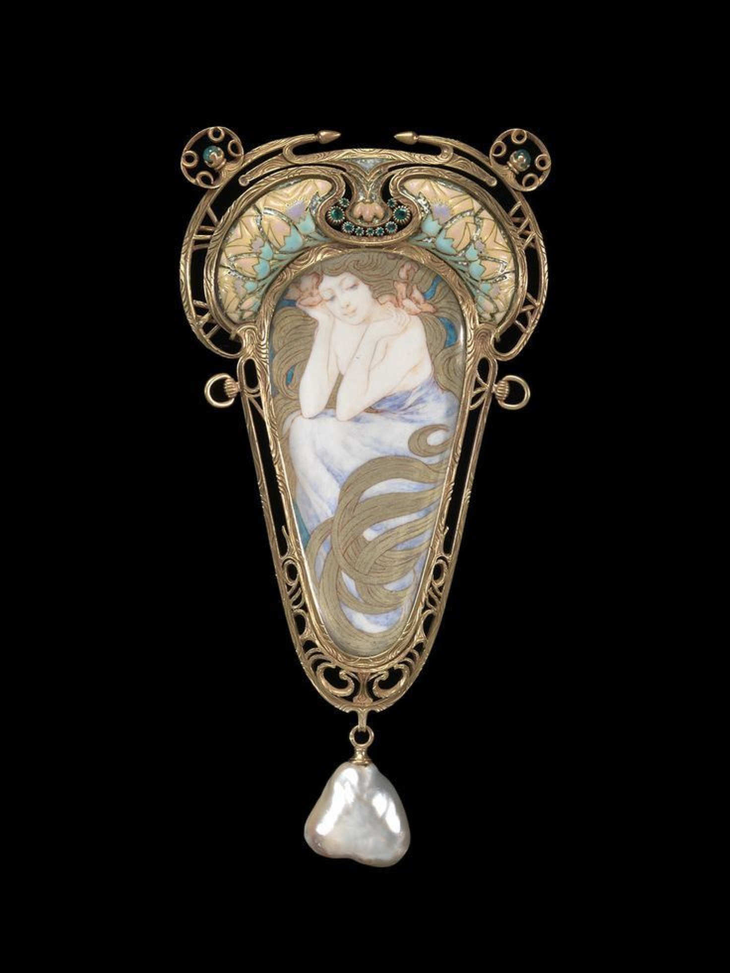 Lot - Attribuée à Georges FOUQUET d'après un dessin d'Alphonse MUCHA  Broche-pendentif Princesse lointaine - Catalog# 727542 Jewellery
