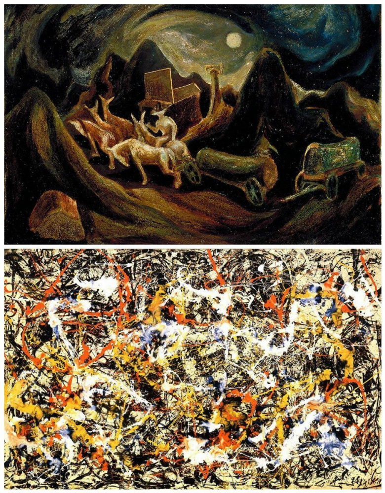 Jackson Pollock. In the Going West (1934—1935) painting, his expressionism is still very figurative, Jackson Pollock. In the Going West (1934—1935) painting, his expressionism is still very figurative,