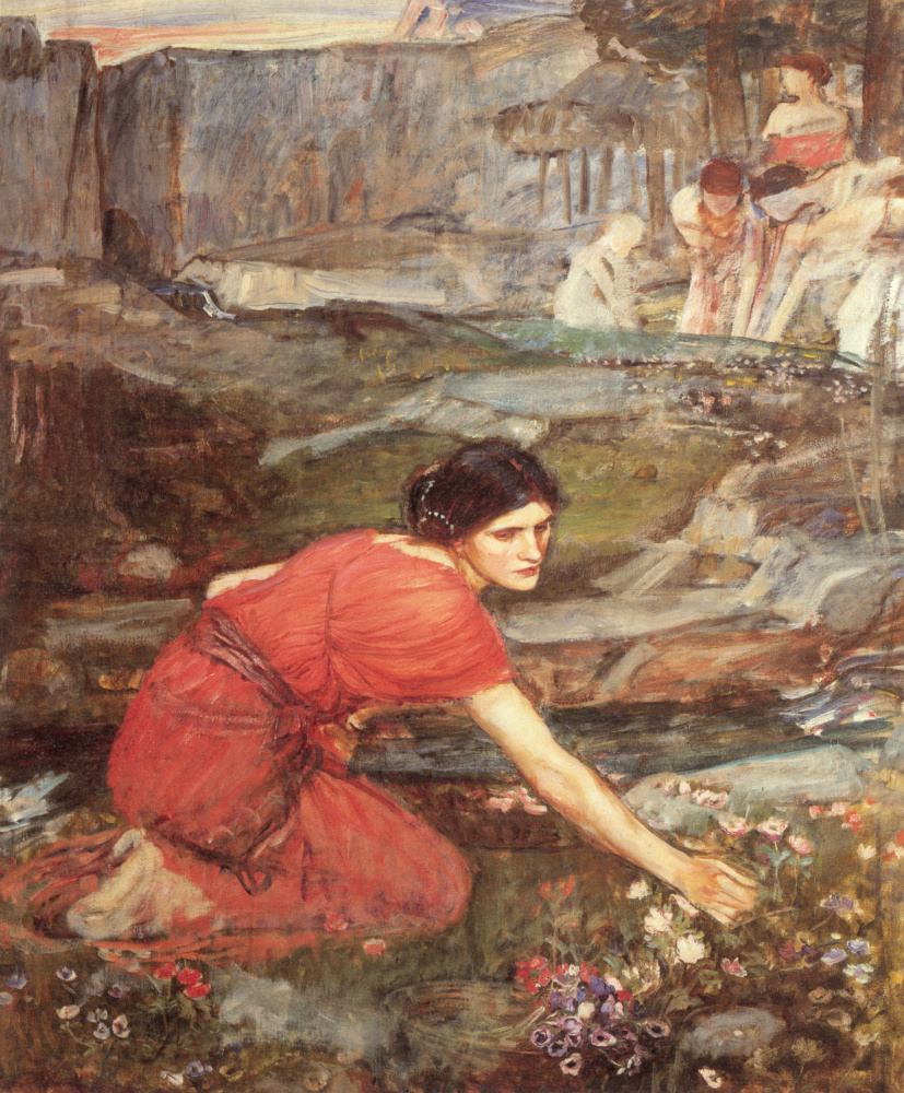 John William Waterhouse. Girl picking flowers by the stream. Etude