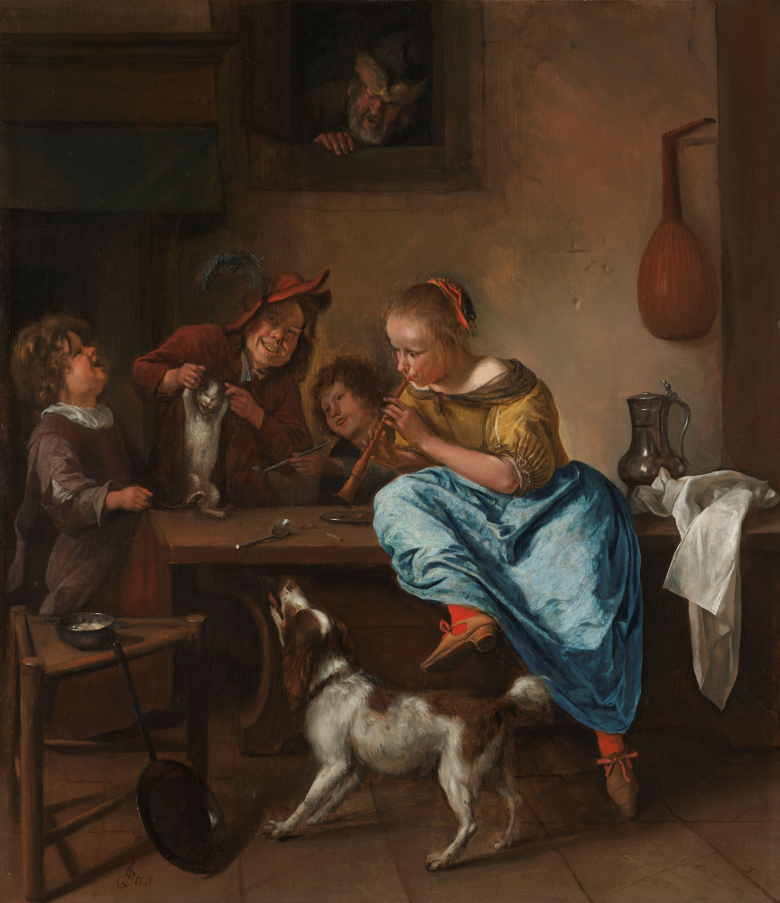 Jan Steen. Lección de baile Niños enseñando a un gato a bailar.