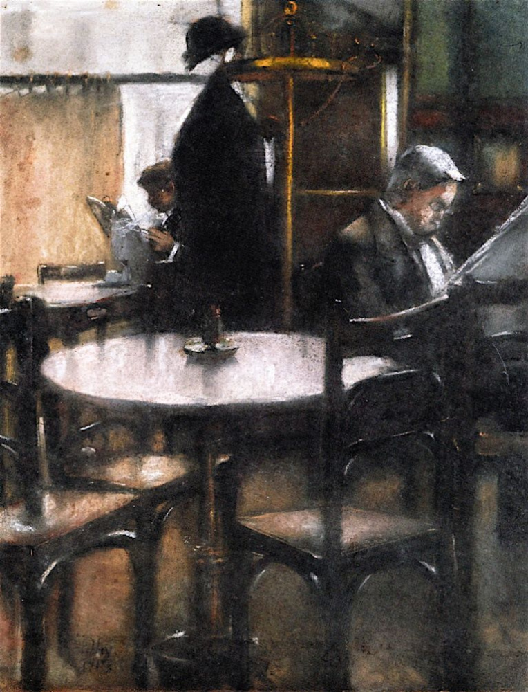 Lesser Ury. Two gentlemen reading newspaper in cafe