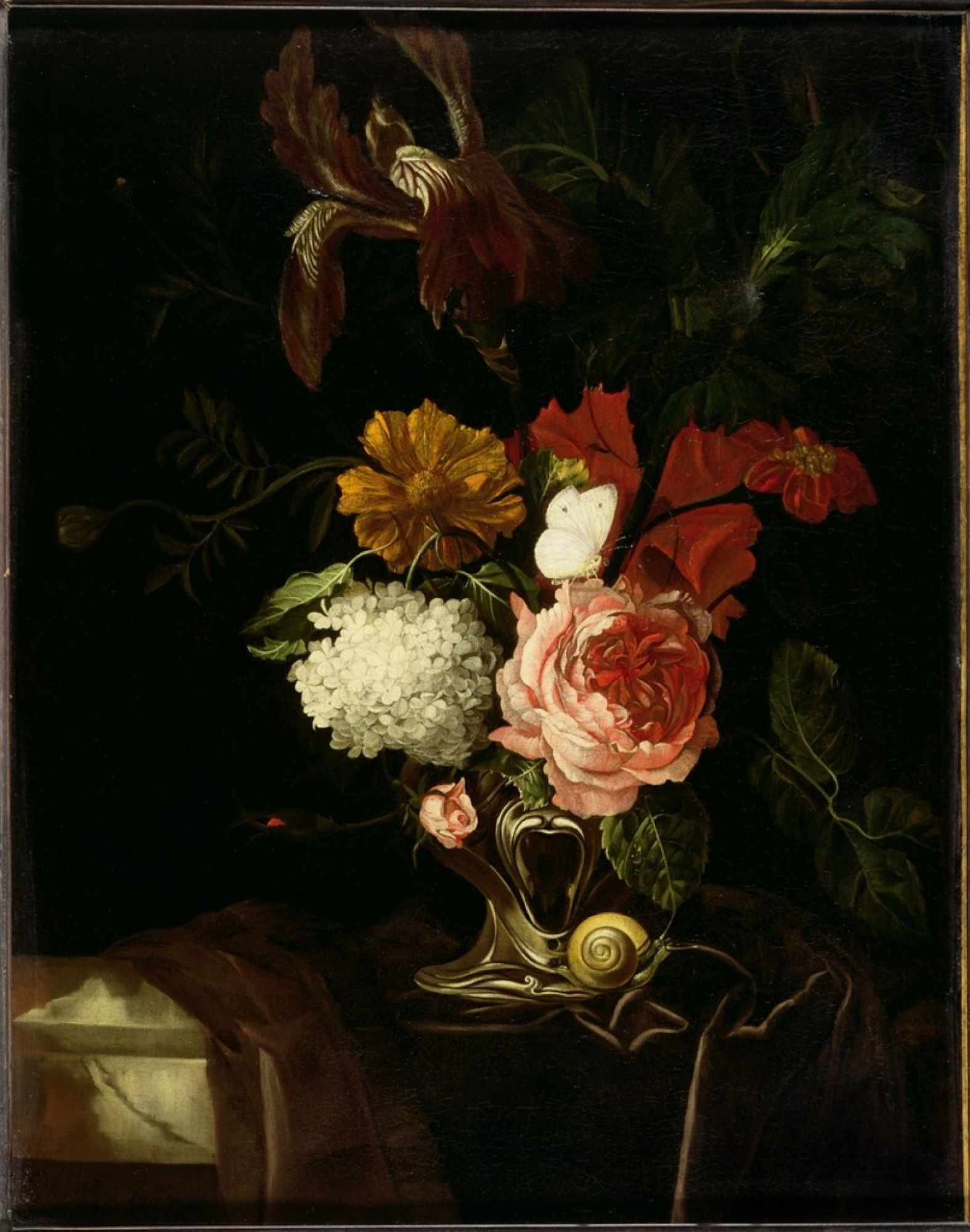 Willem van Aelst 与花的静物画在花瓶，蜗牛和蝴蝶, 1651：作品描述