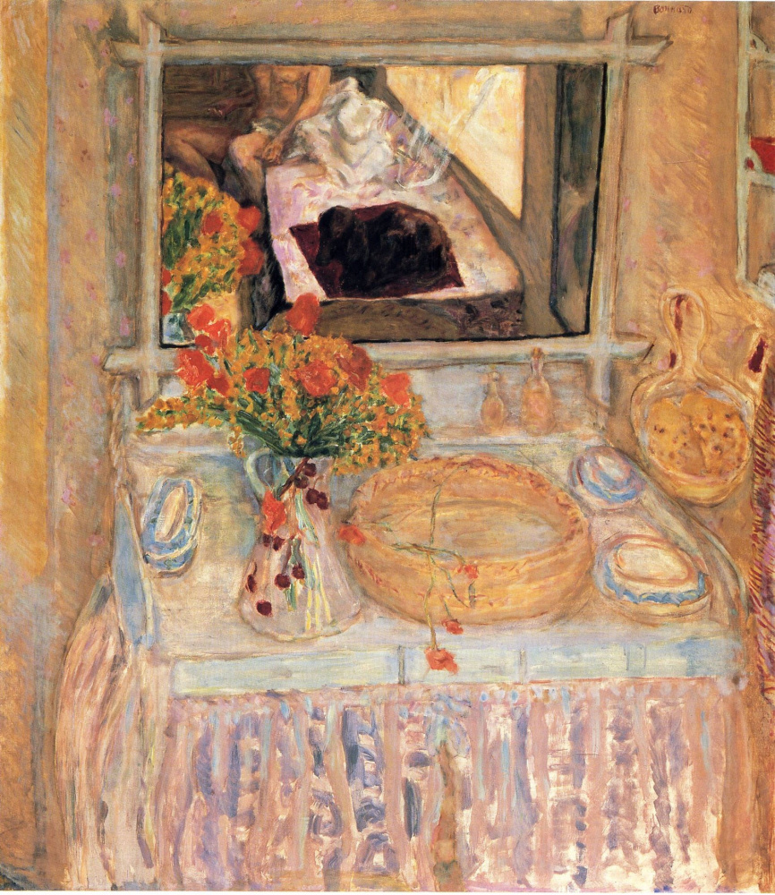 Pierre Bonnard. Red and yellow bouquet on the dressing table