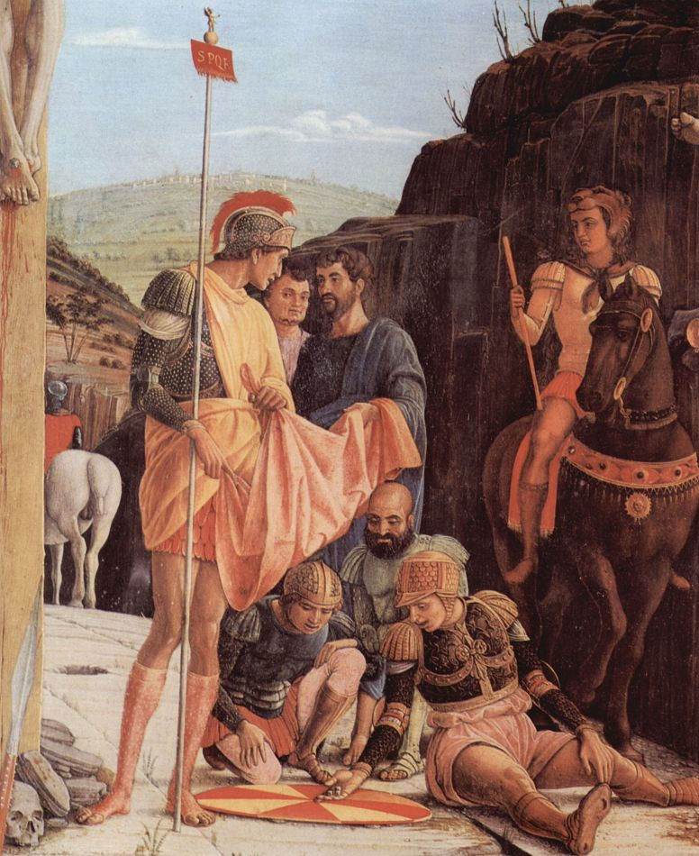Andrea Mantegna. The altar of San Zeno in Verona, triptych, middle predella, scene: Crucifixion, detail: Soldiers