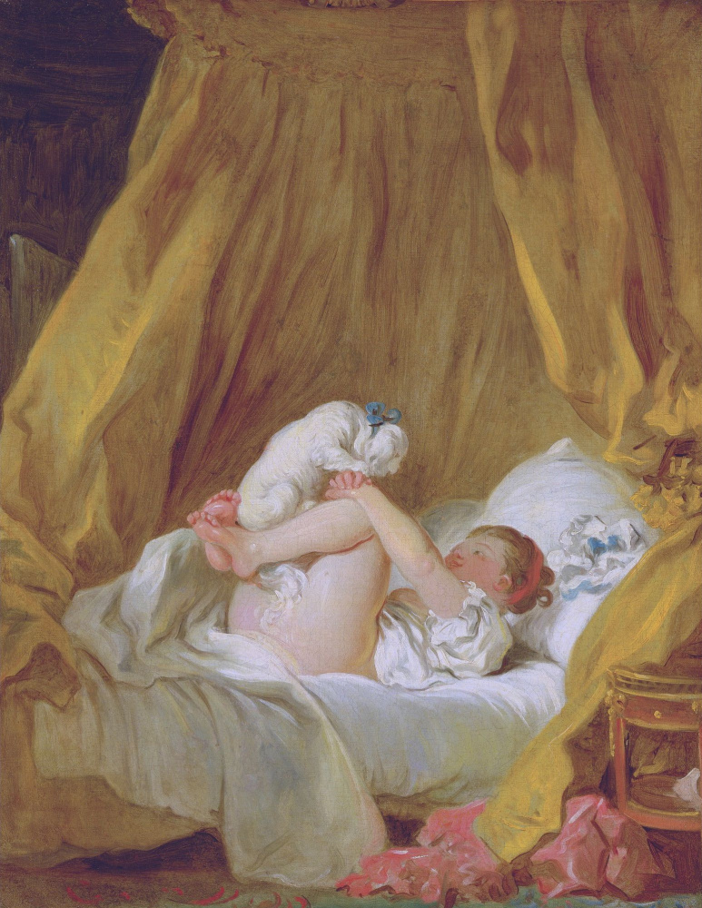 Jean-Honore Fragonard. Girl in bed playing with a dog