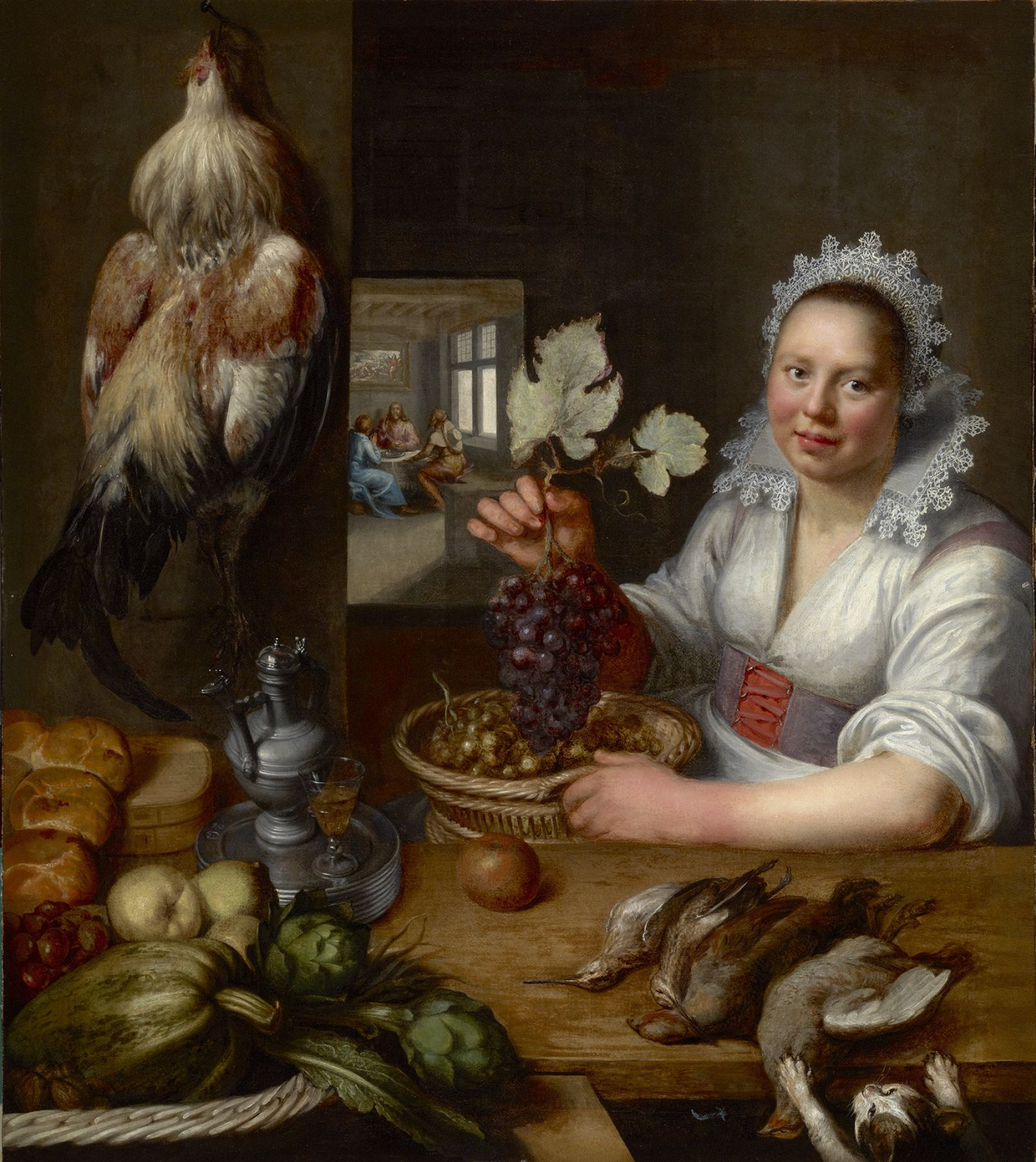 Jacob Matham, Kitchen Scene with Kitchen Maid Preparing Fish, Christ at  Emmaus in the Background, from Kitchen and Market Scenes with Biblical  Scenes in the Background