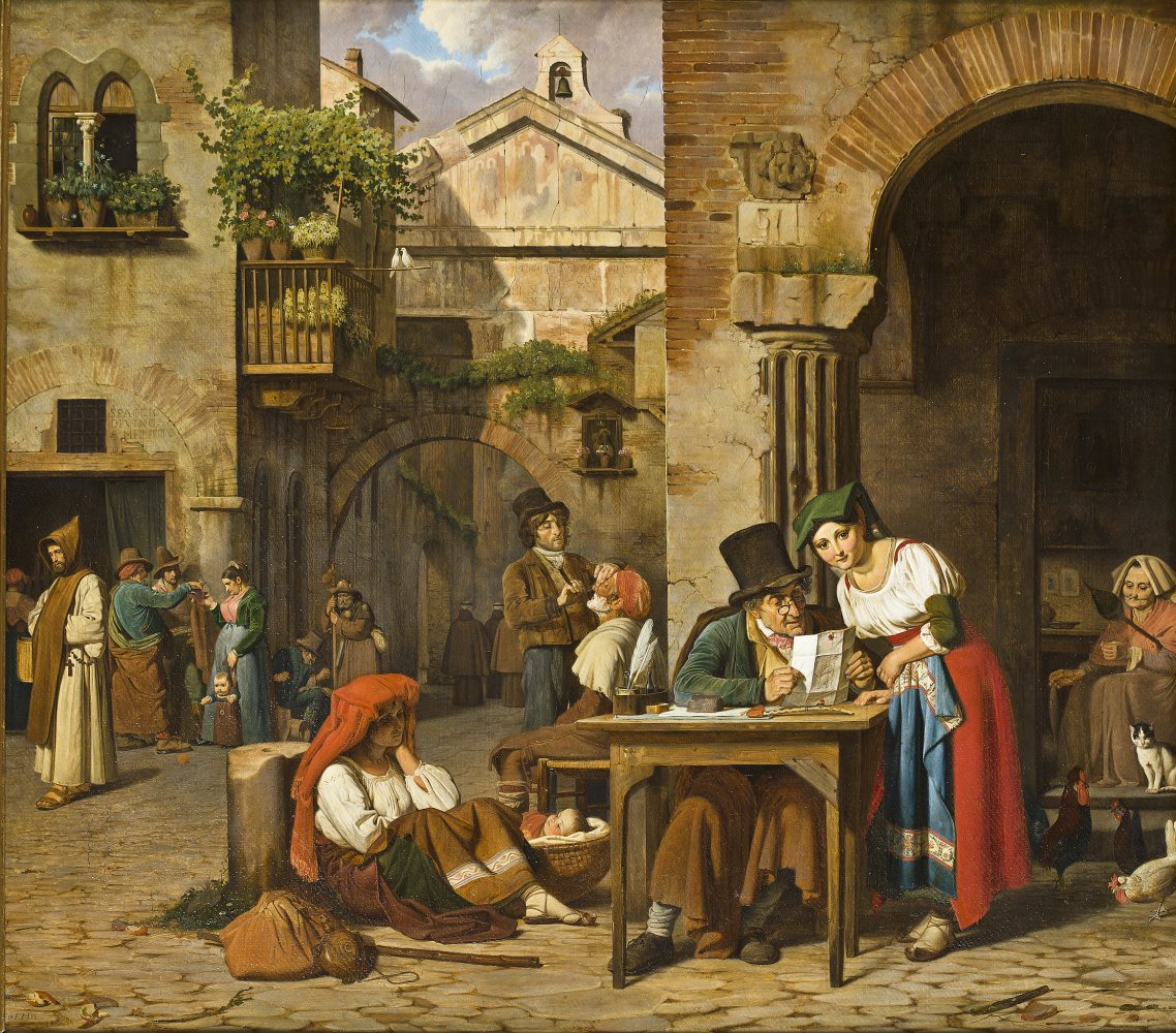 Ernst (Ahron) Meyer. A Roman street letter-writer reading a letter aloud to a young girl