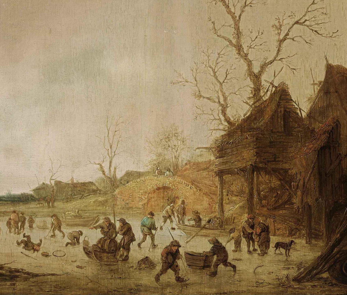 Isaac Jans van Ostade. Winter landscape with skaters and children playing