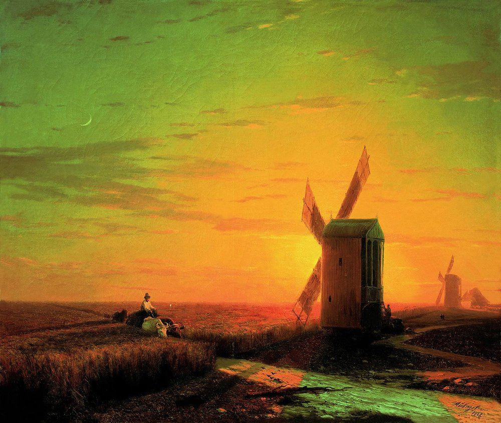 Ivan Aivazovsky. Windmills in the Ukrainian steppe at sunset