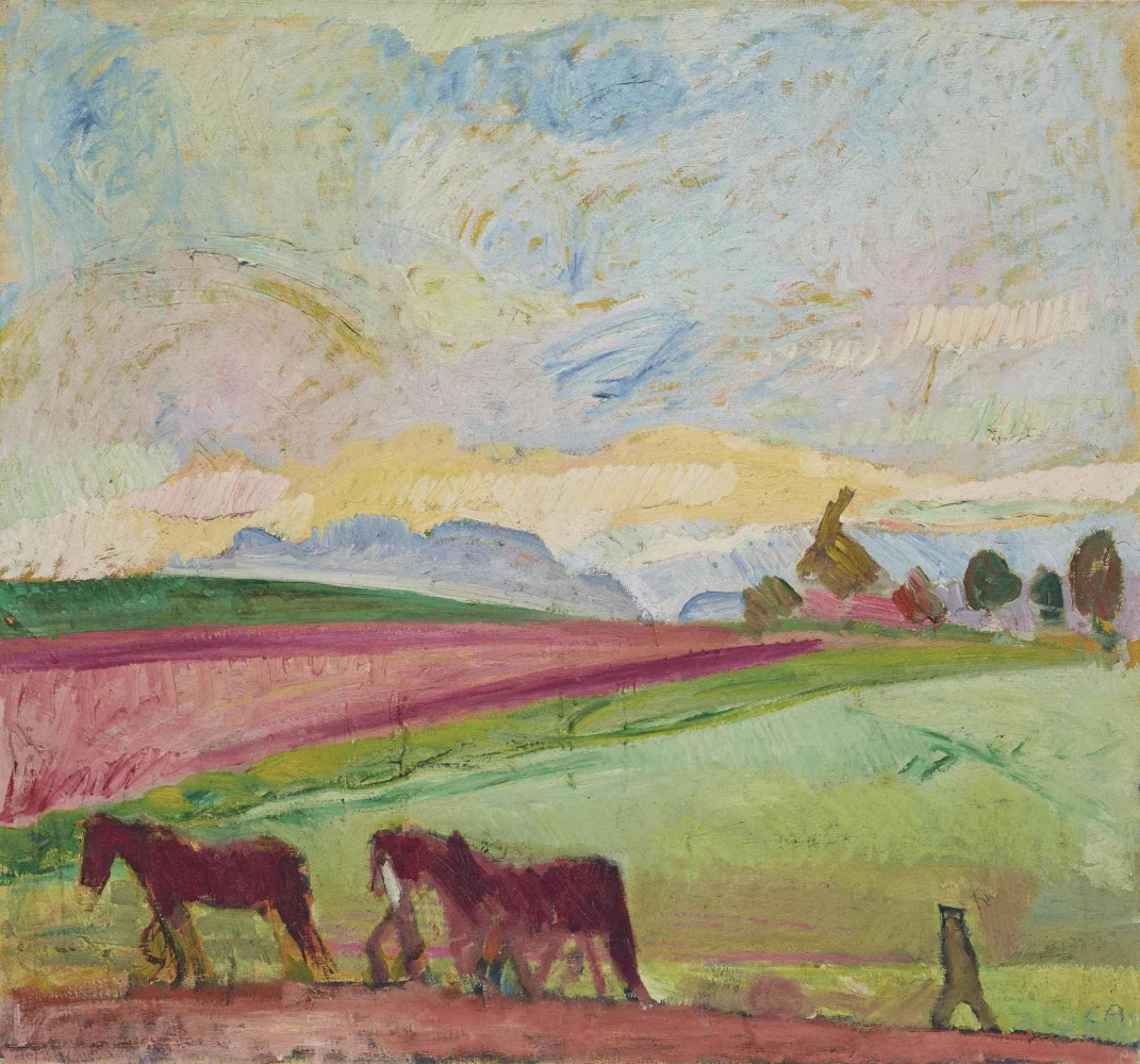 Cuno Amiet. Landscape with horses in the field