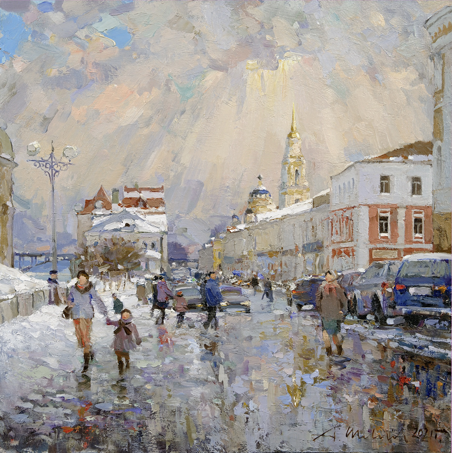 Alexander Shevelyov. Rybinsk.Embankment from Nikolskaya chapel. D.V.P., oil 40.5 x 40.5 cm. 2020