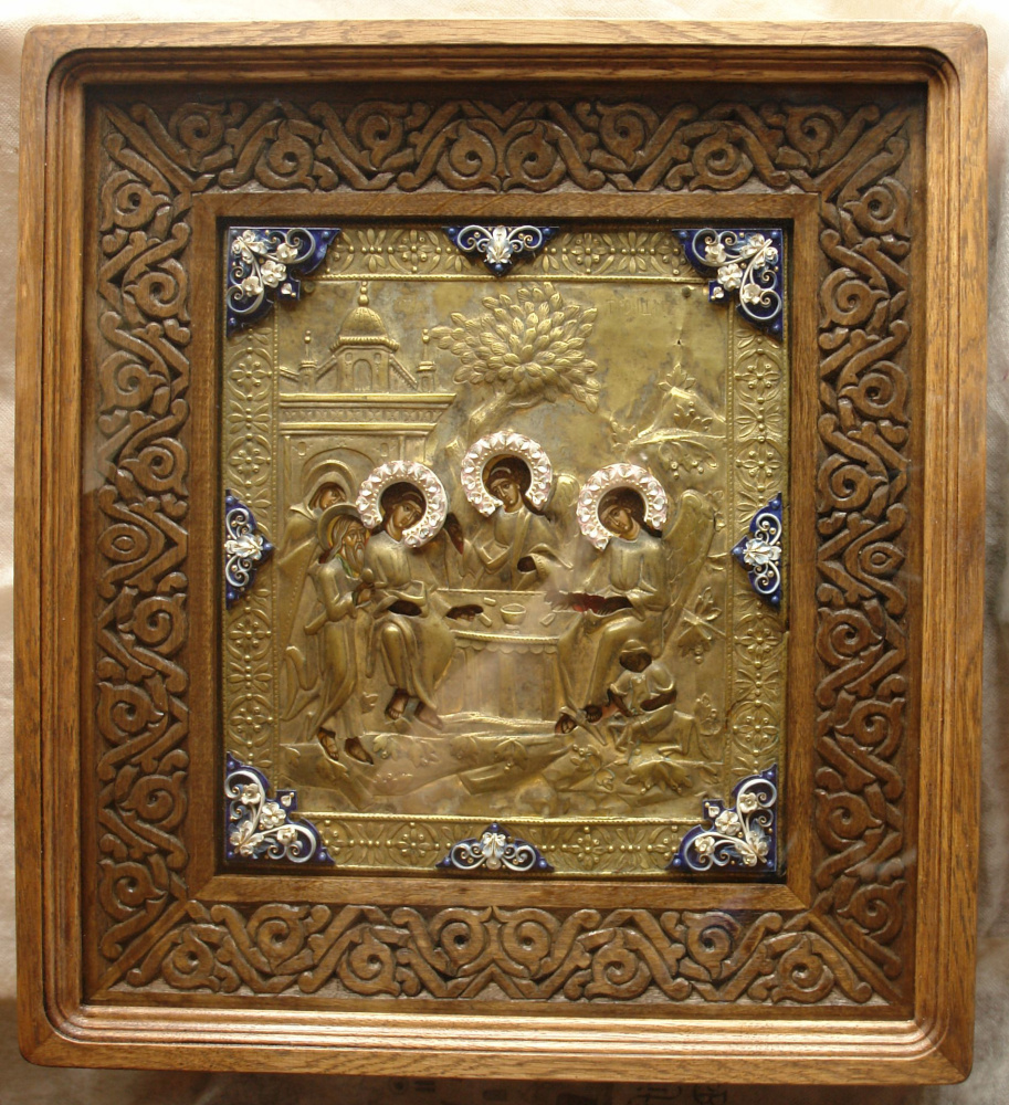 Moscow Icon Painting Workshop. The most Holy Trinity in the salary of the 19th century with porcelain inserts