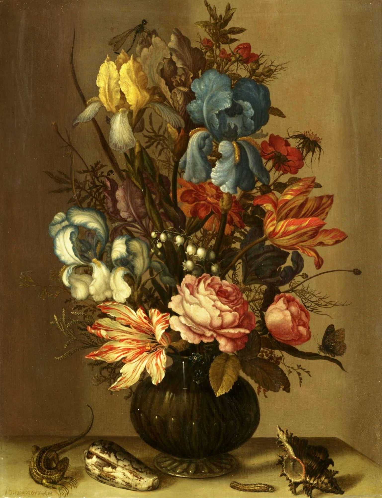 Buy a digital copy: Balthasar van der Ast - Bodegón con tulipanes, rosas,  lirios y otras flores con un lagarto, una oruga y conchas. | Arthive