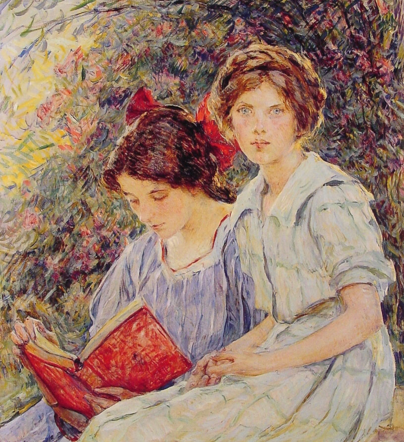 Мужчина и 2 читать. Художник Robert Reid (1862-1929). Чаепитие.