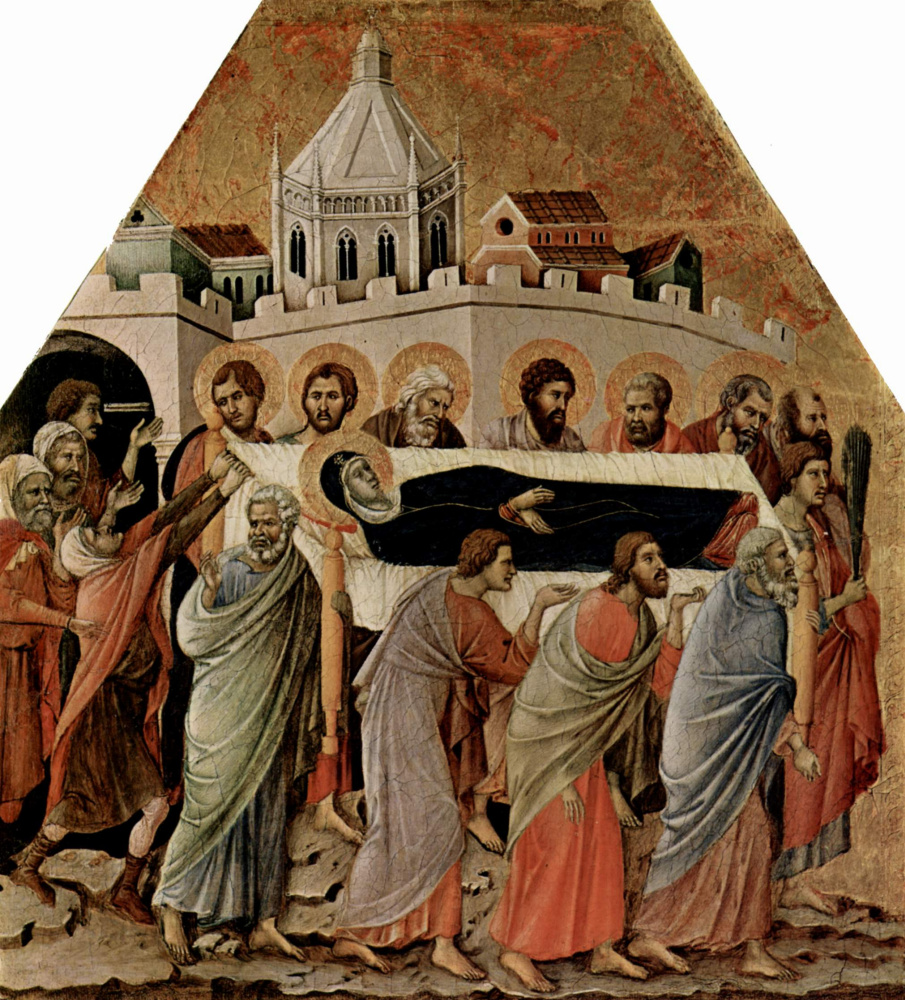 Duccio di Buoninsegna. Maesta, altar of Siena Cathedral, front, Altar with scenes of the assumption of Mary: Burial of Mary