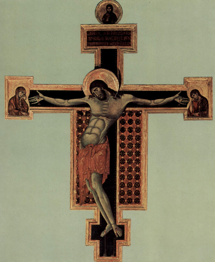 Cimabue (Chenny di Pepo). Crucifixion, Tondo: Blessing Christ, the Crucifixion, Mary and John