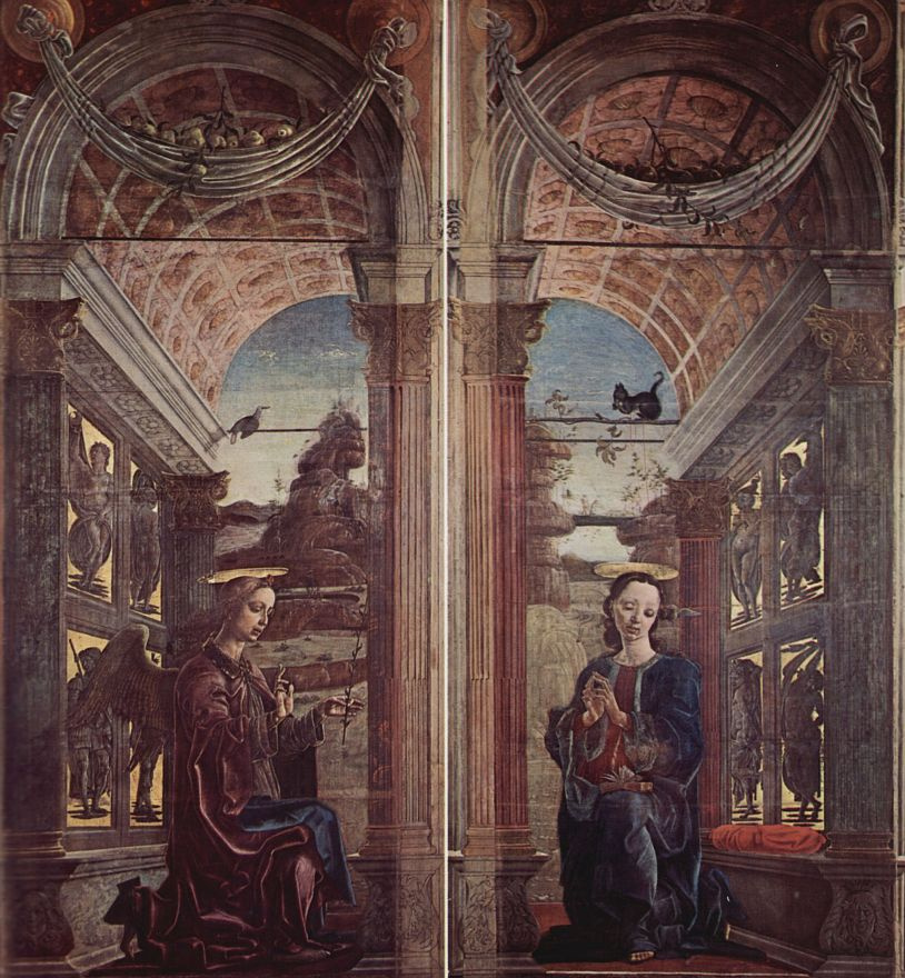 Cosimo Tour. Four fold organ of the Cathedral in Ferrara, with St. George and the dragon and the Annunciation, scene: Annunciation