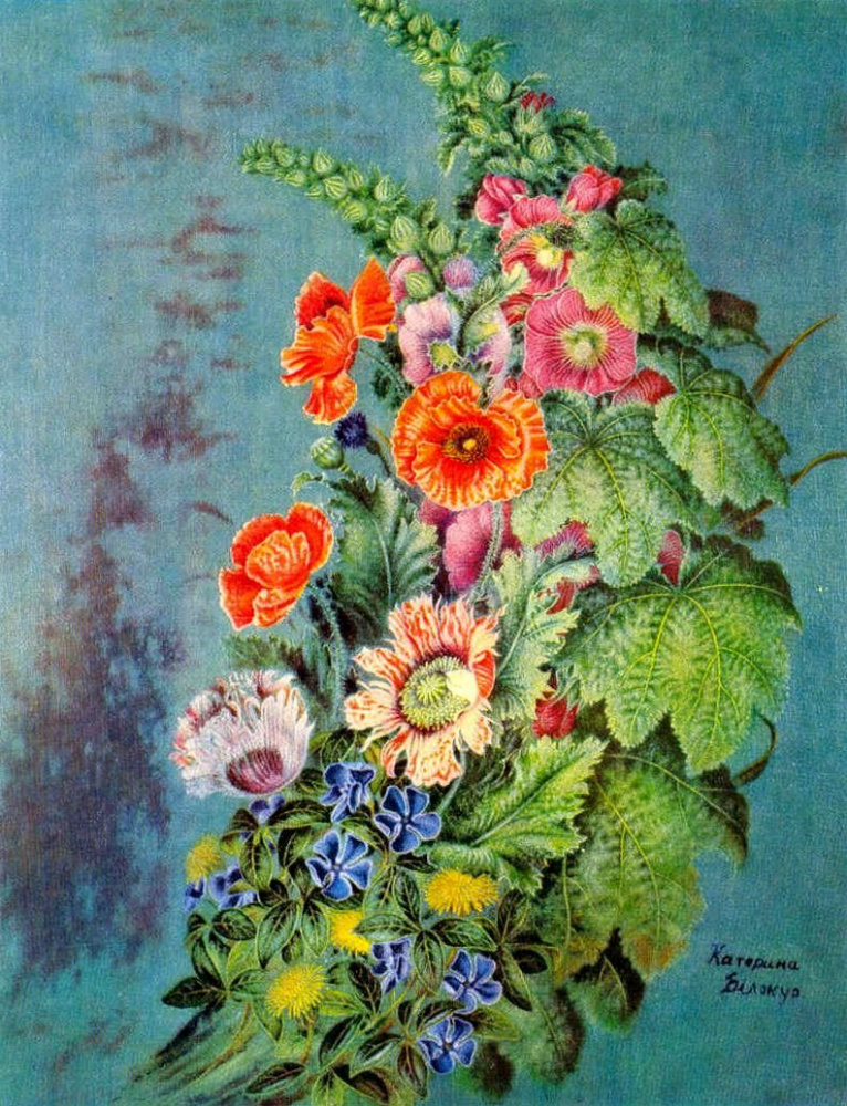Kateryna Vasylivna Bilokur. Flowers on blue background