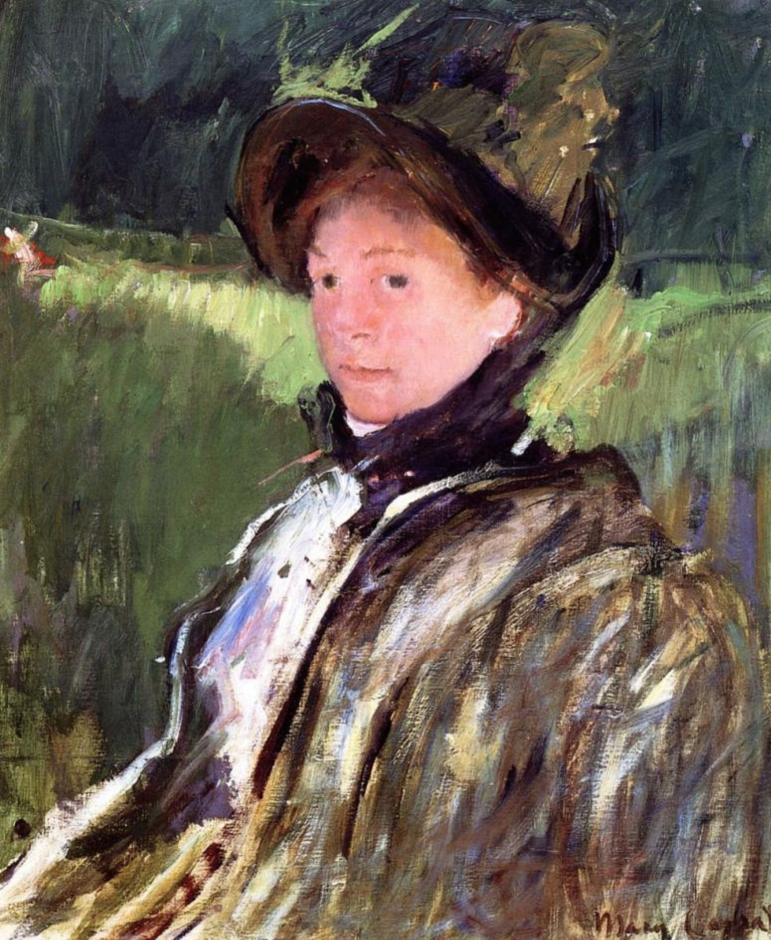 Lydia Cesset in bonnet and coat, 1880, 51×61 cm by Mary Cassatt