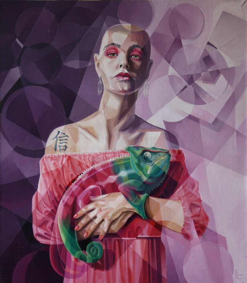 Vasily Krotkov. Madonna with a chameleon. Post-Cubo-Futurism.