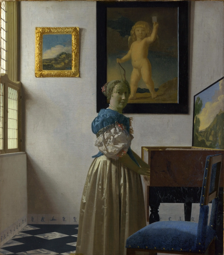 В сцене «Дама, стоящая у вирджиналя» (1670-е) из Национальной галереи в Лондоне присутствует тот же 