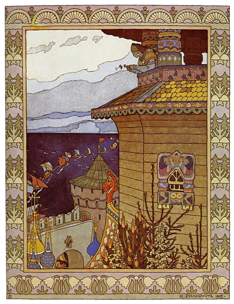 Ivan Yakovlevich Bilibin. Princess on the terem tower. Illustration for the fairy tale "White duck"