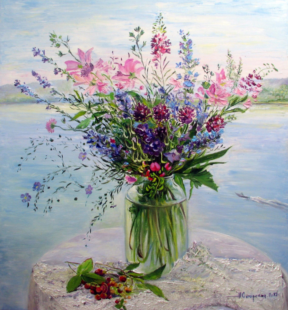 Полевые цветы в стеклянной вазе живопись