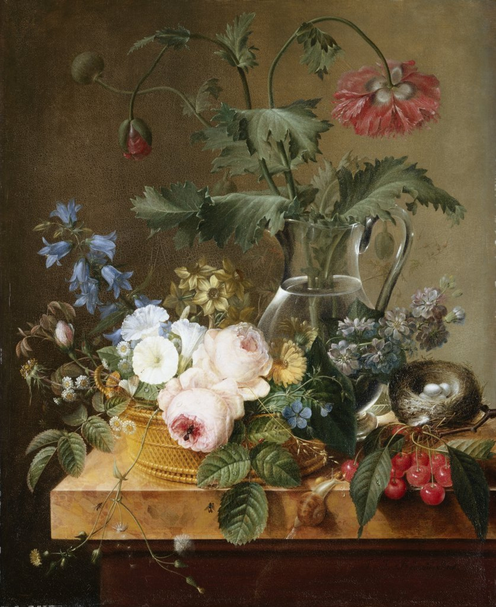 Pierre-Joseph Redoute Bodegón con anémonas rojas en una jarra de vidrio,  una cesta de flores, cerezas y un nido de pájaro., 1793, 51×61 cm:  Descripción de la obra | Arthive