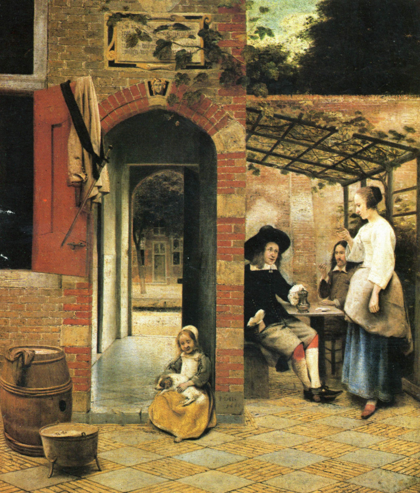 Pieter de Hooch. Two men and a woman in the gazebo