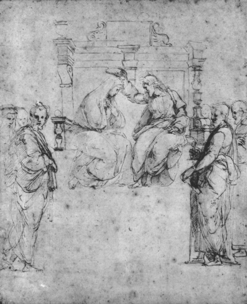 Raphael Sanzio. Study: Coronation of the virgin Mary with the Holy apostles Peter and Paul, saints Jerome and Francis
