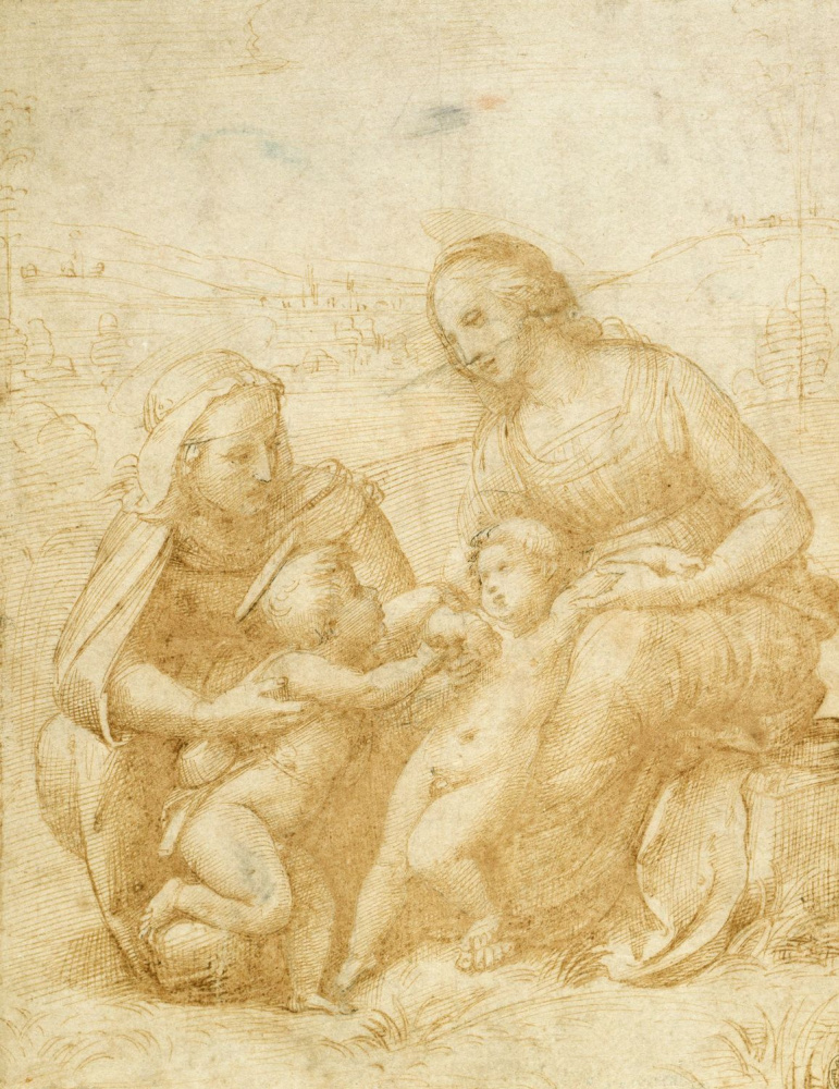 Raphael Sanzio. Sketch of the Madonna and child, St John the Baptist and St. Elizabeth