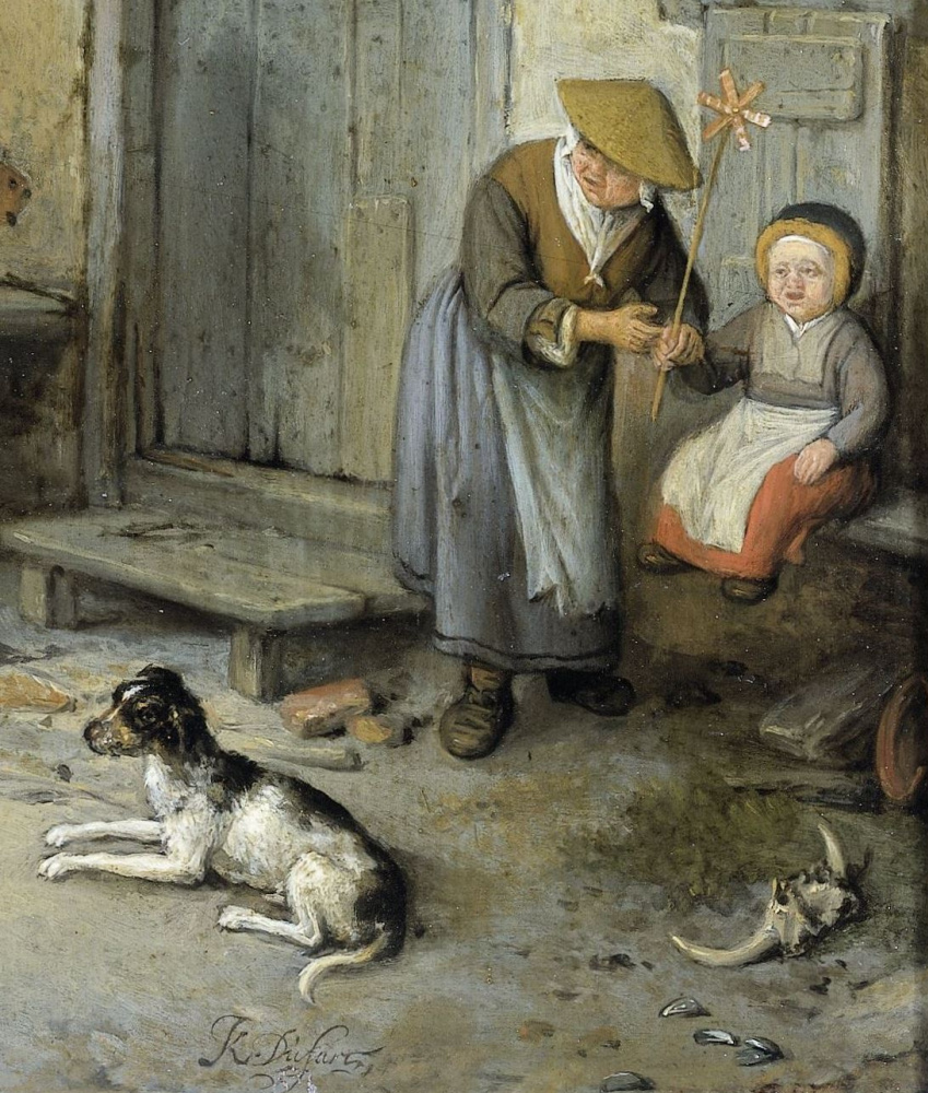 Cornelis Dyusart. Country fair. Fragment. A woman with a child and a dog