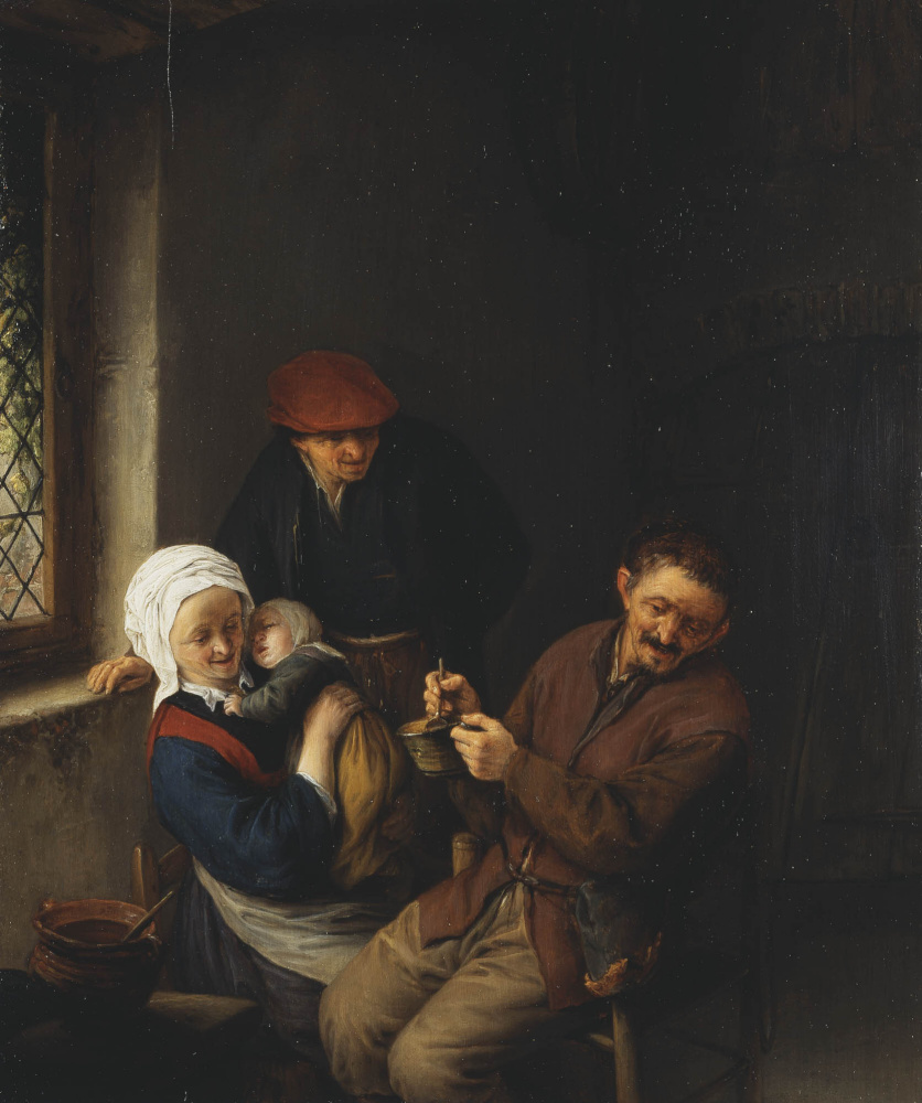 Adrian Jans van Ostade. Interior of a peasant house. Feeding baby