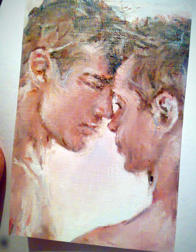 Original art, aceo miniature oil,2 man models heads, sexy body man, gay art