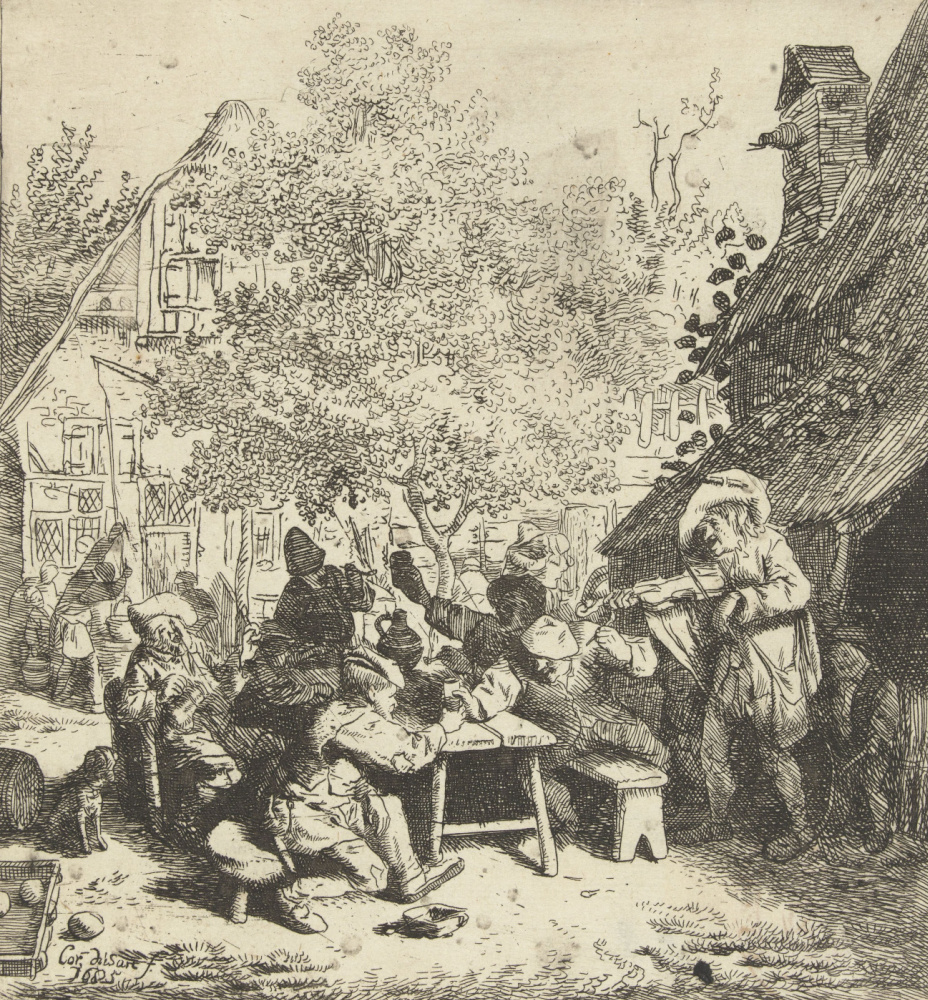 Cornelis Dyusart. Violinist and peasants drinking in front of the hotel