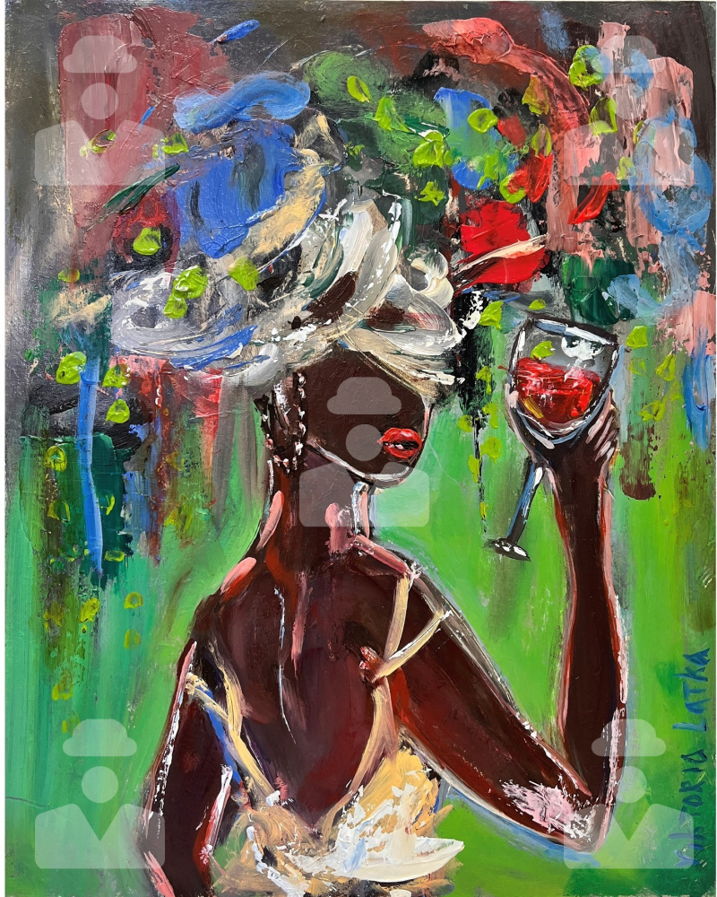 Victoria Latka. Dark-skinned faceless woman with red wine