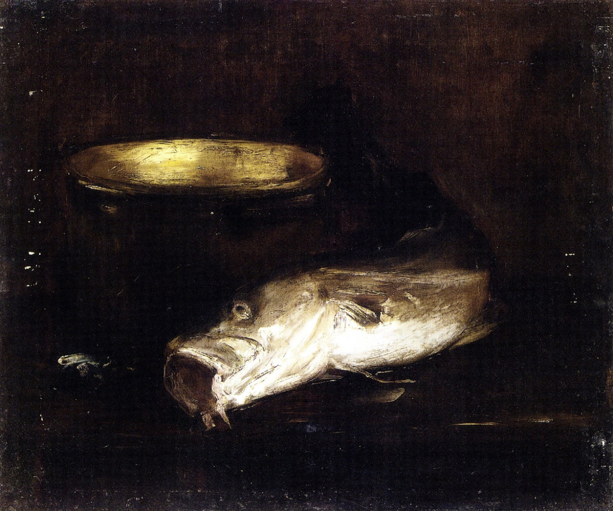 William Merritt Chase. Still life with fish and pot
