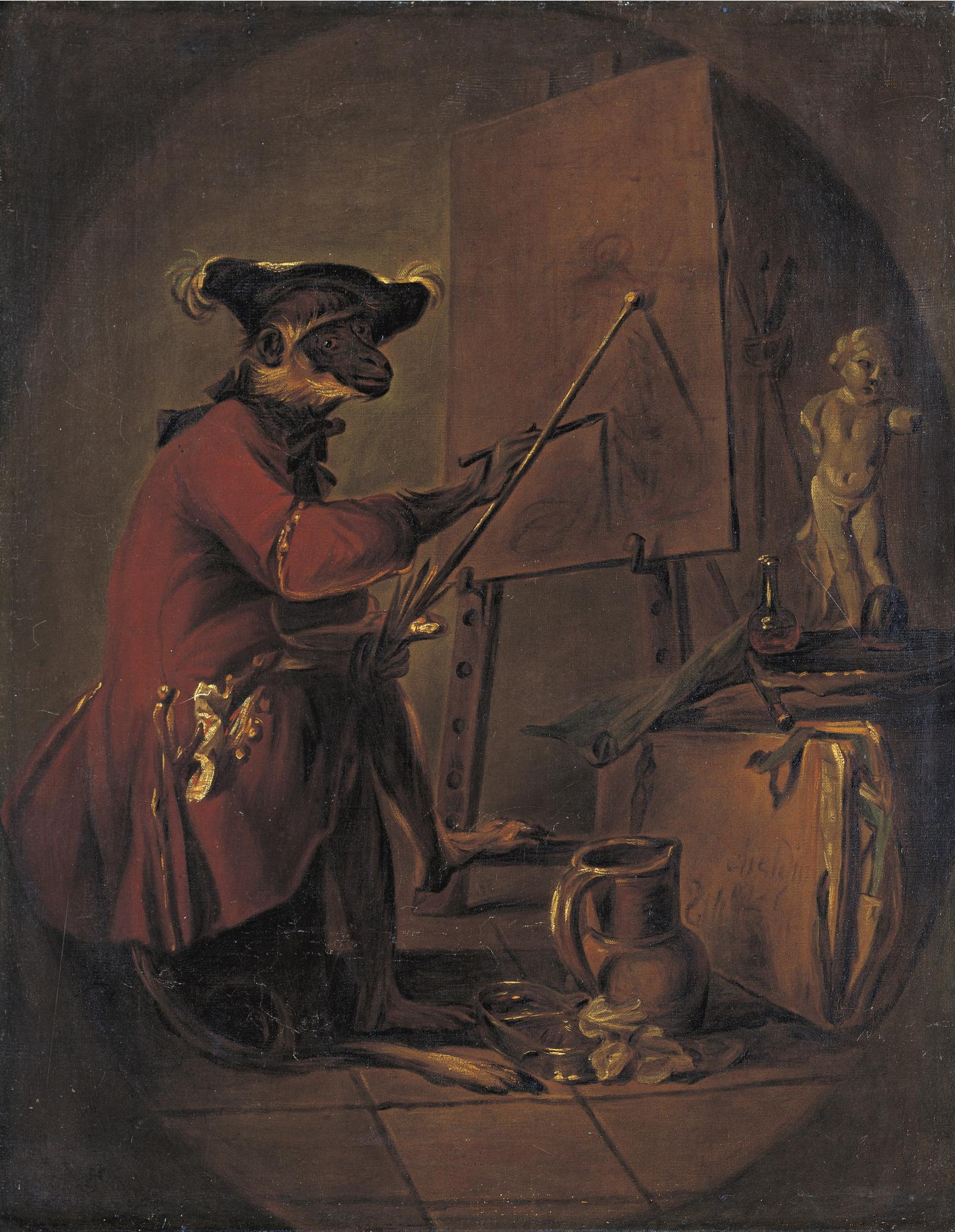 Jean Baptiste Simeon Chardin El mono-el pintor (el óvalo), 1740, 65×83 cm:  Descripción de la obra