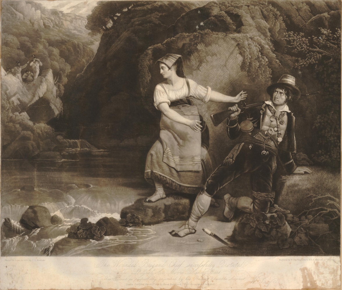 A brigand and a young woman by the bank of a river